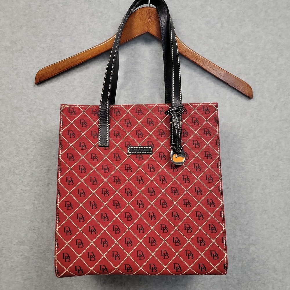 Dooney & Bourke North South Canvas Logo Tote Bag Duck Tag Rust Red Black Leather